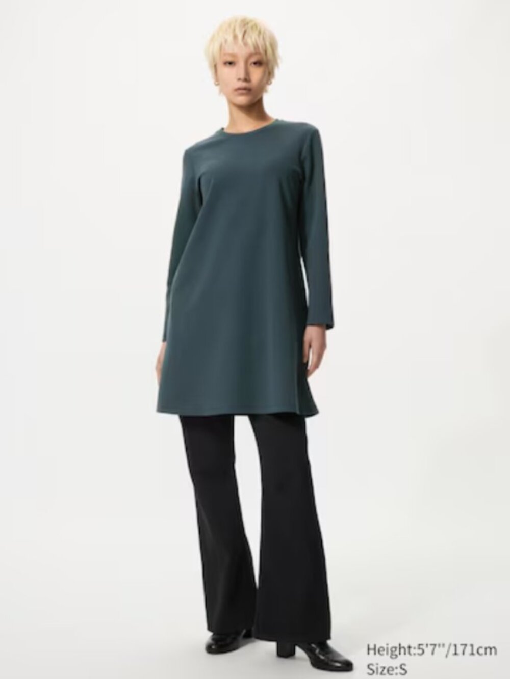 NWT UNIQLO Dark Green Jersey Knit Long Sleeve A-Line Dress - M